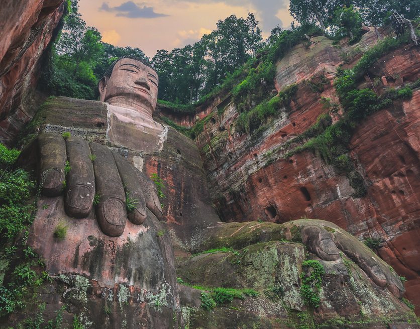 Leshan Giant Buddha at dusk, Sichuan, China.