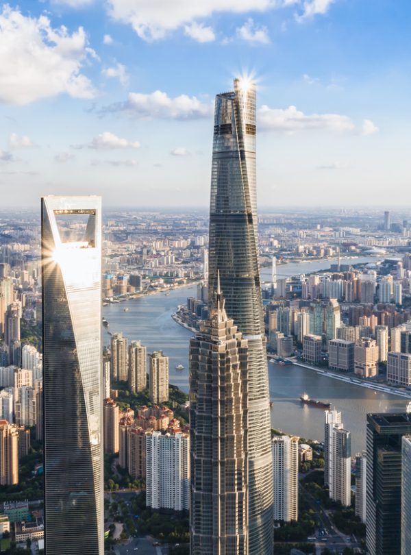 Drone point aerial view of Shanghai tower, SWFC&Jinmao tower.