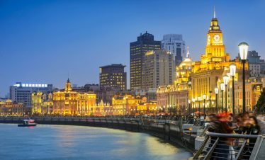 Shanghai at night. Located in The Bund (Waitan). It is a waterfront area in central Shanghai, one of the most famous tourist destinations in Shanghai, China.