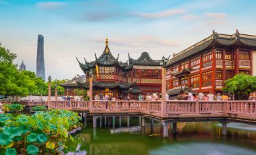 Shanghai, China view at the traditional Yuyuan Garden District at twilight