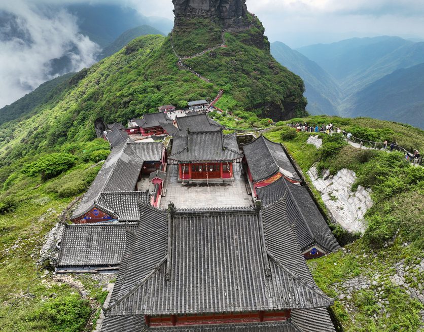 Overhead view of the temple on Fanjing Mountain, Guizhou, China.