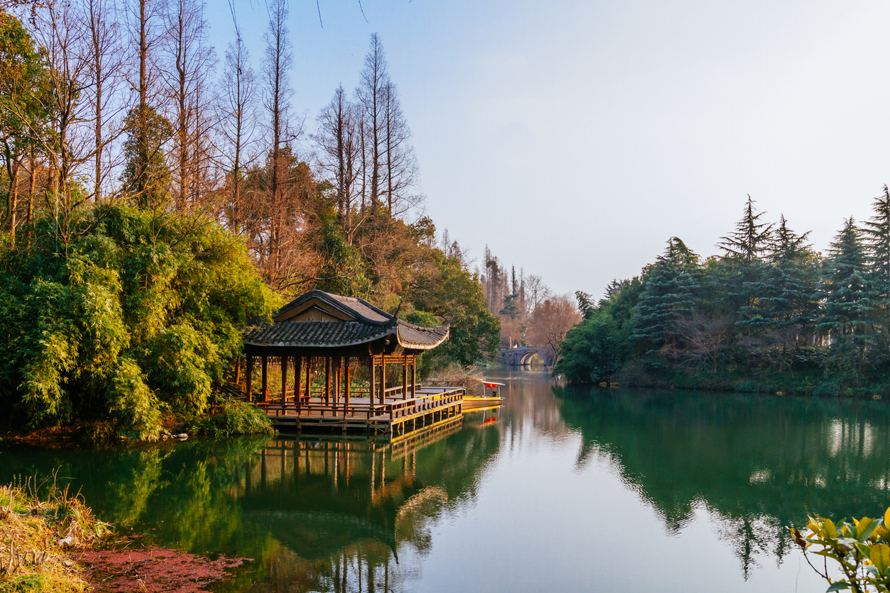 Traditional pavilion on the water at West Lake, Hangzhou, China.
