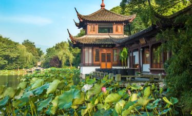 Pavilion on lotus leaves at West Lake, Hangzhou, China.