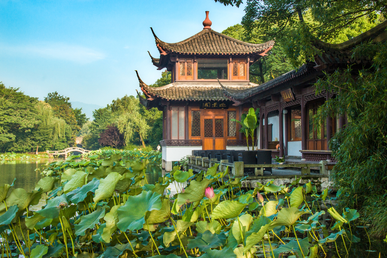Pavilion on lotus leaves at West Lake, Hangzhou, China.