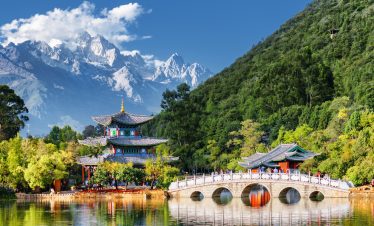 View of Black Dragon Pool with Jade Dragon Snow Mountain in the background, Lijiang, Yunnan