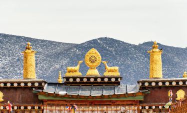 Close-up of golden rooftop decorations of Songzanlin Monastery in Shangri-La, yunnan