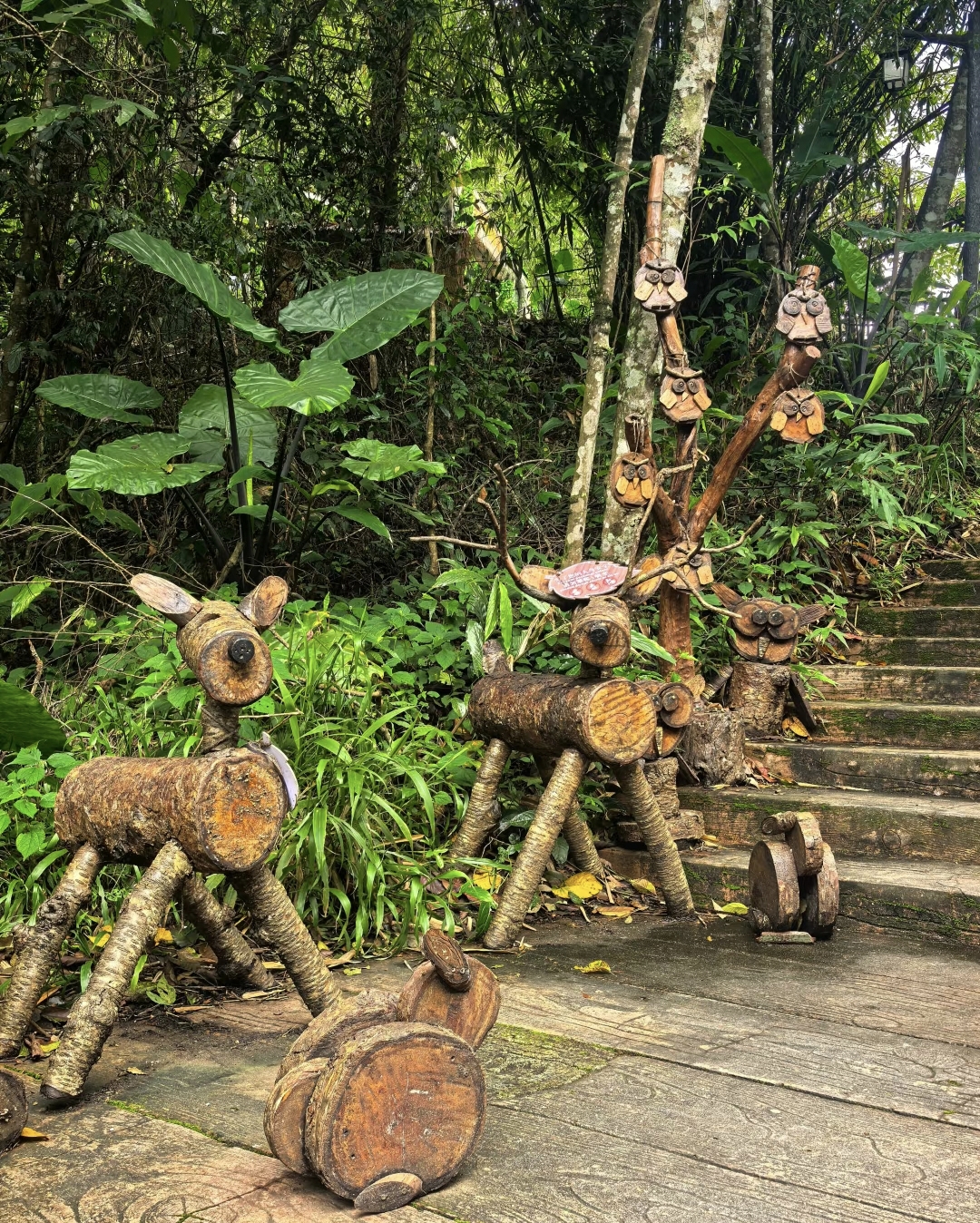 Wooden deer sculpture in Puer Sun River Forest Park Yunnan
