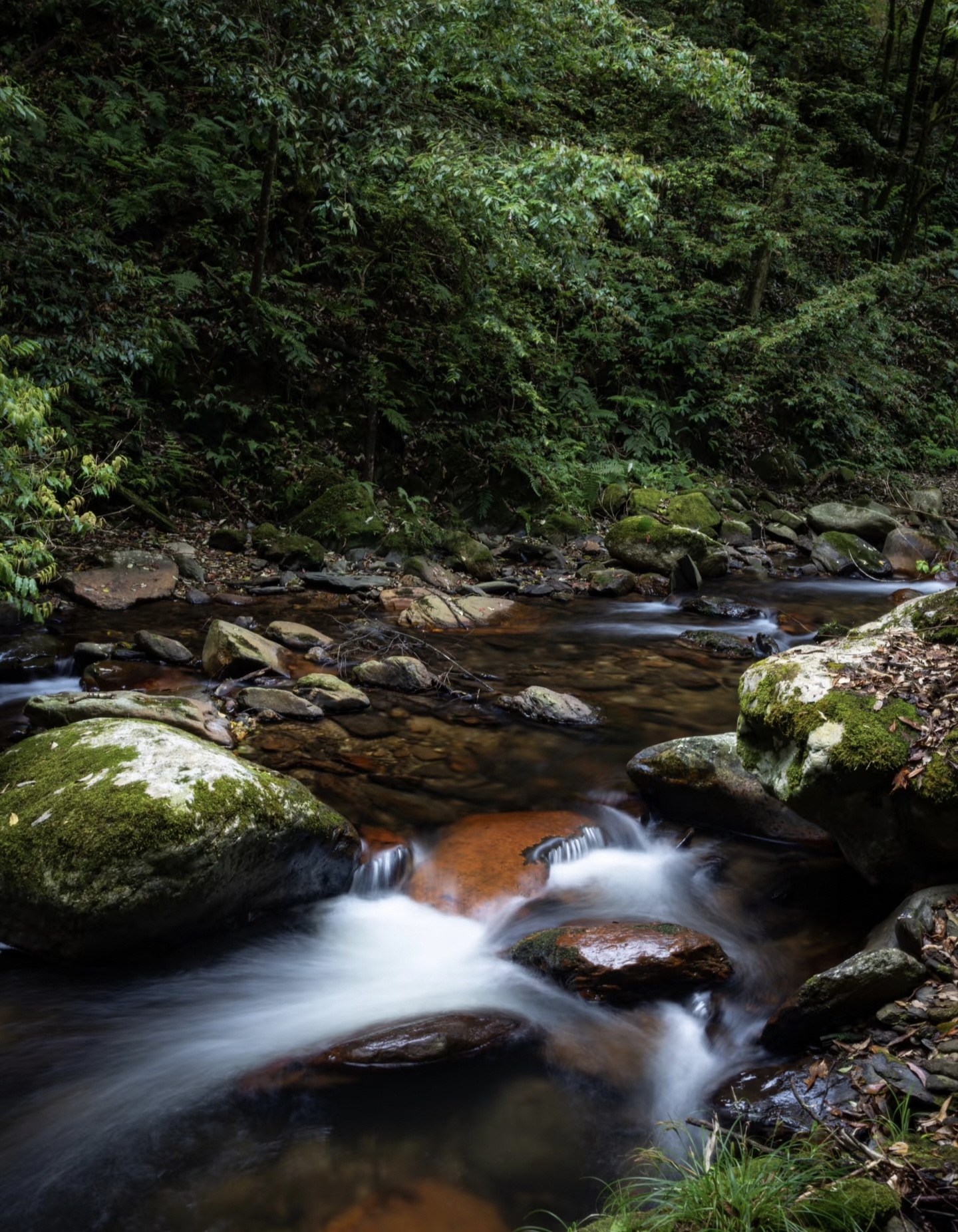 Fresh spring water flowing over rocks in Ailao Mountain Shimen Gorge