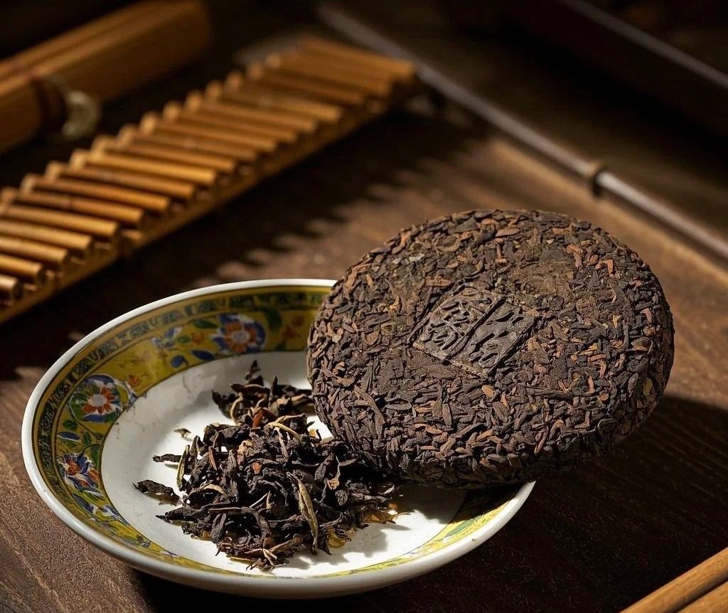 Close-up of a round Pu-erh tea cake with tight leaves and clear texture.