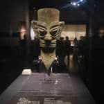 A bronze mask from Sanxingdui, Sichuan, China, reflecting ancient rituals and beliefs.