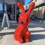 A unique rabbit statue in Beijing's 798 Art District, China, blending art and culture.