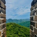 The mountainous landscape through the gap of Mutianyu Great Wall, Beijing, China.