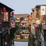 The bustling tea house sign floating above the water in ZhuJiaJiao Water Town, Shanghai,China.
