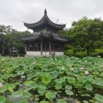 A four-corner pavilion on the lotus-filled waters of West Lake, Hangzhou, China.