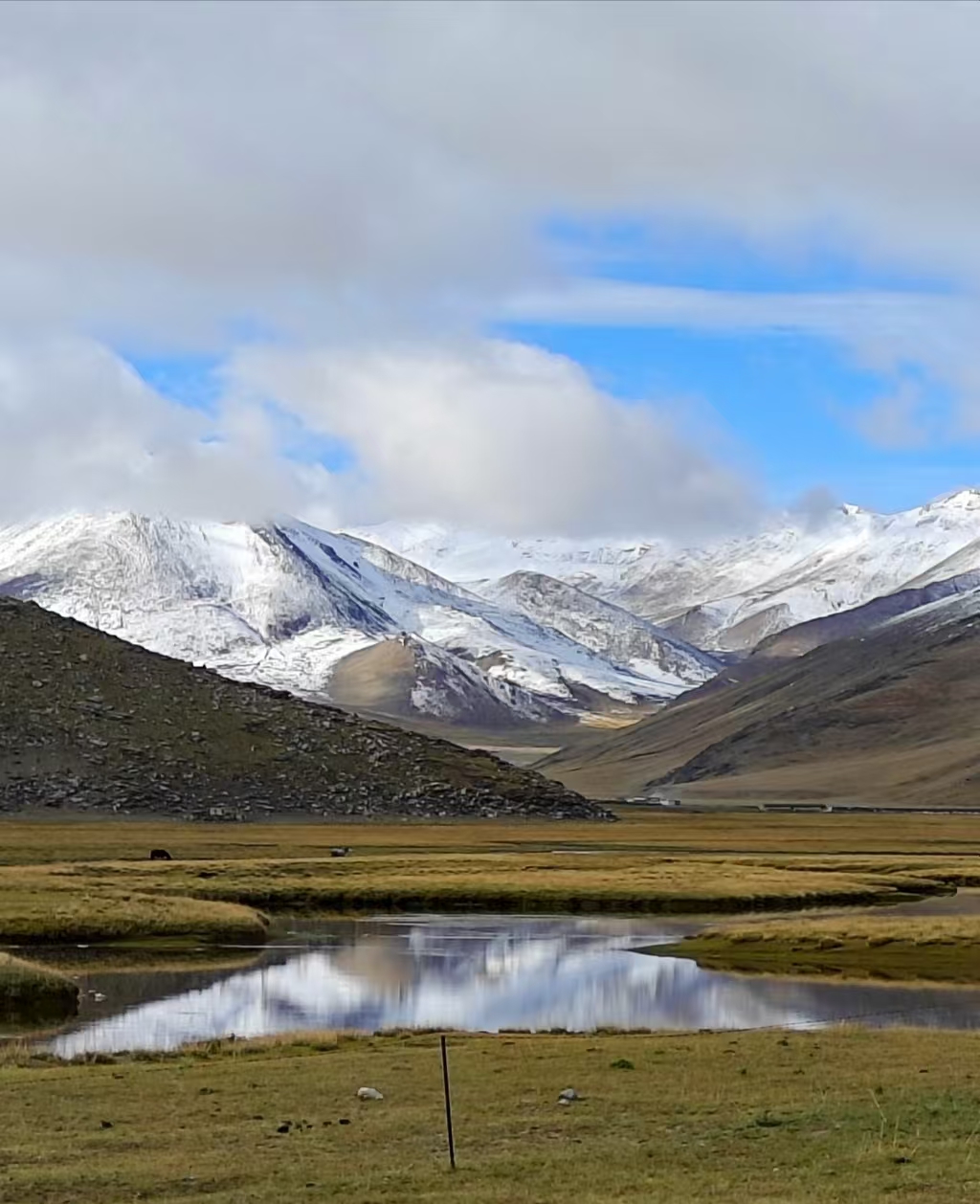 Distant snow-capped mountains in Saga Tibet
