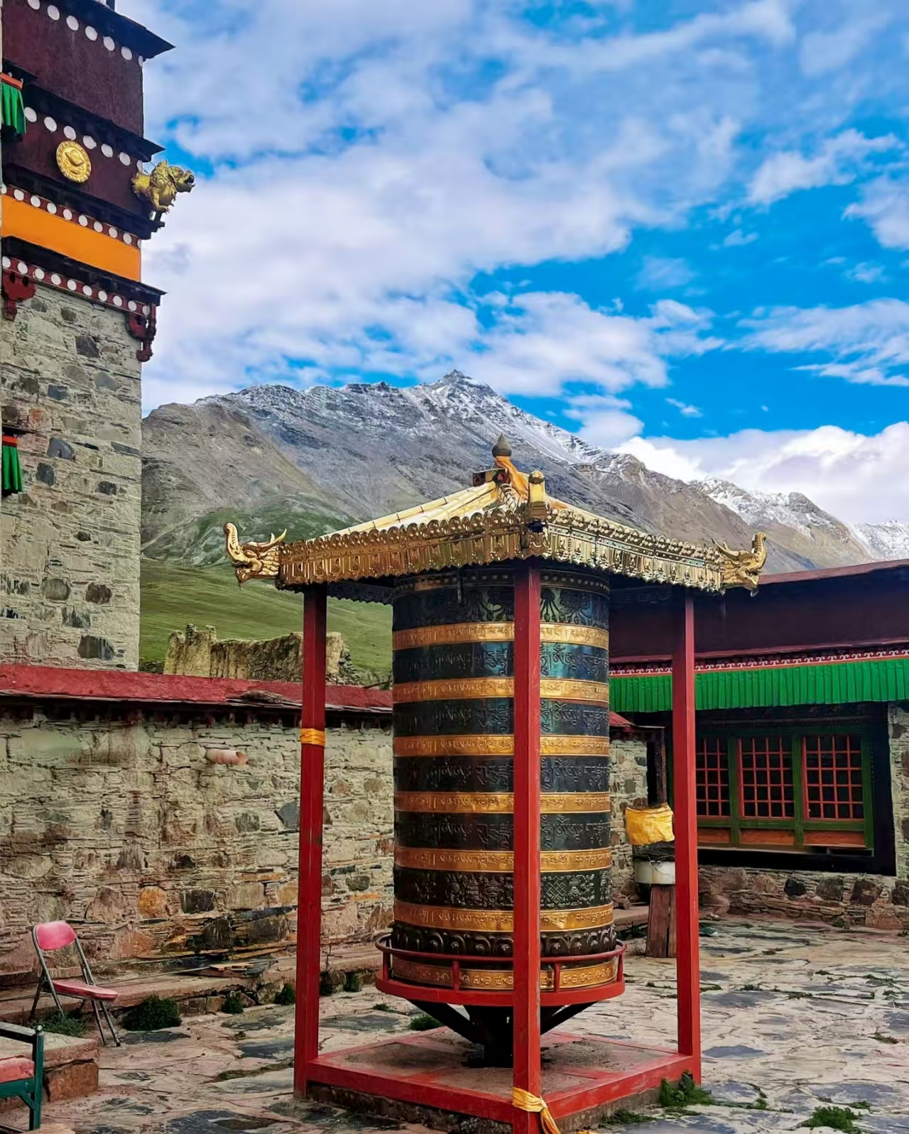 Prayer wheels inside Serelong Monastery in Tibet
