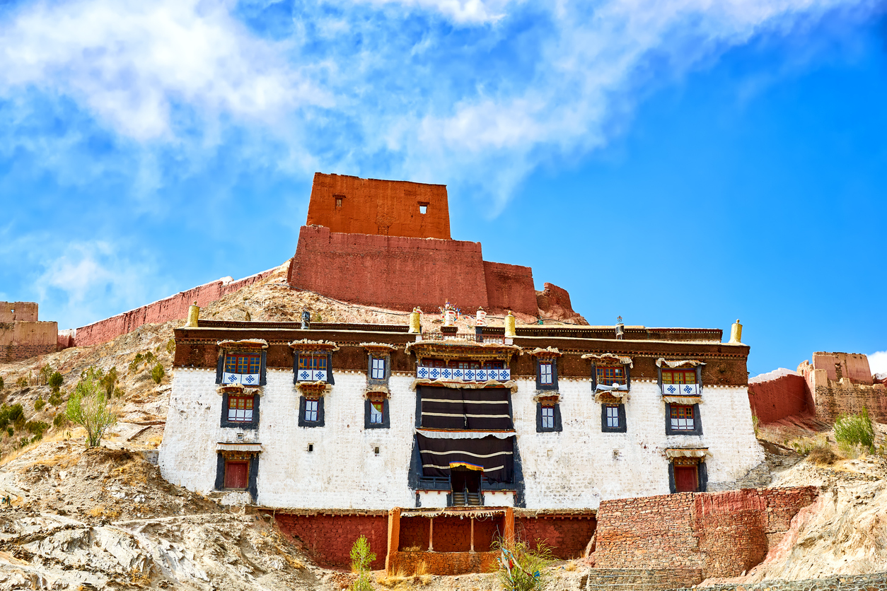 Palcho Monastery in Tibet under blue sky and clouds