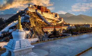 Potala Palace in Tibet glowing at sunset