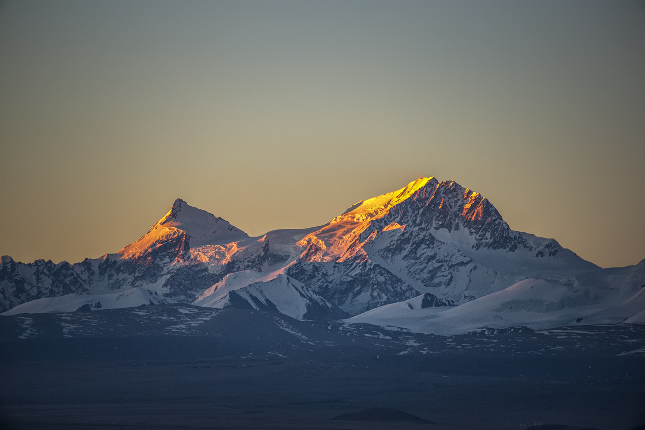 Shishapangma Mountain glowing at sunrise in Tibet