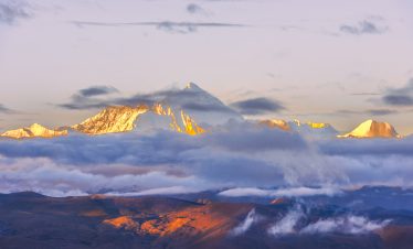 Distant sunset view of Mount Everest in Tibet