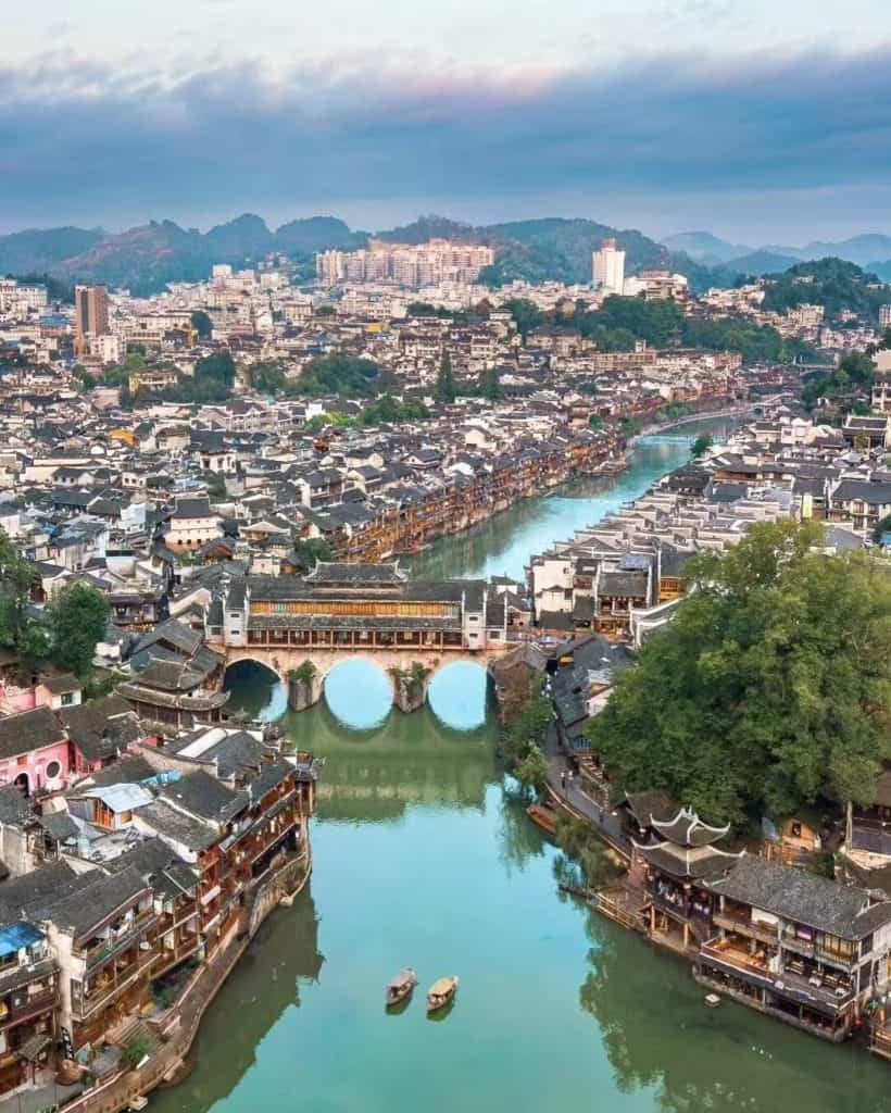 Panoramic daytime view of Furong Ancient Town in Xiangxi, Hunan, China