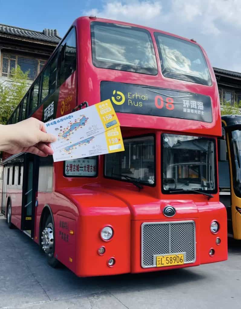 Double-decker bus touring around Erhai Lake in Dali, Yunnan, China
