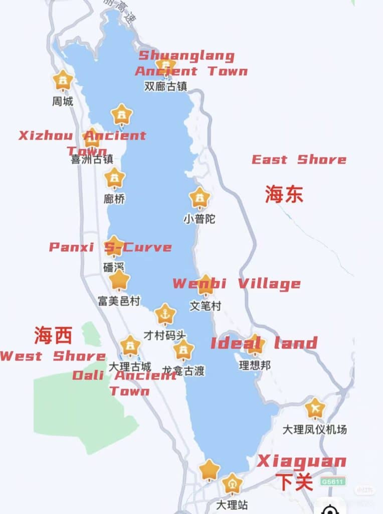 Map of Erhai Lake route in Dali, Yunnan, China