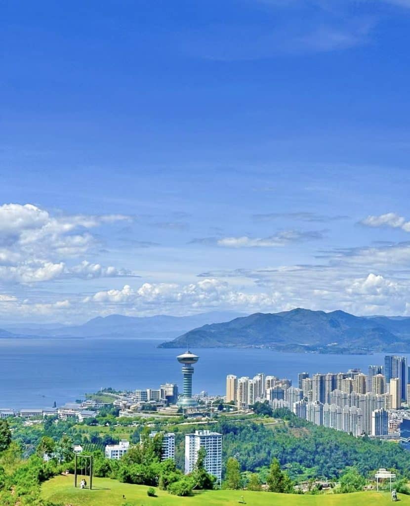 Panoramic view of Erhai Lake and Dali Old Town from Yunxiang Mountain, Yunnan, China