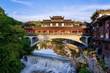 Famous waterfall at Furong Ancient Town in Xiangxi, Hunan, China