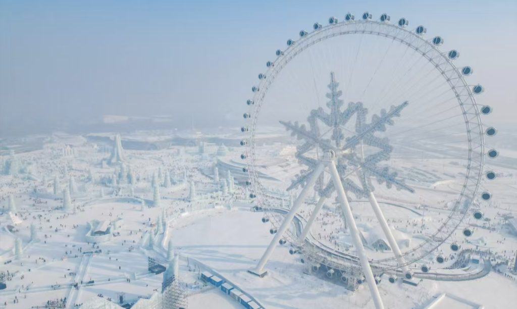Aerial view of ice Ferris wheel at Harbin Ice and Snow Festival, China