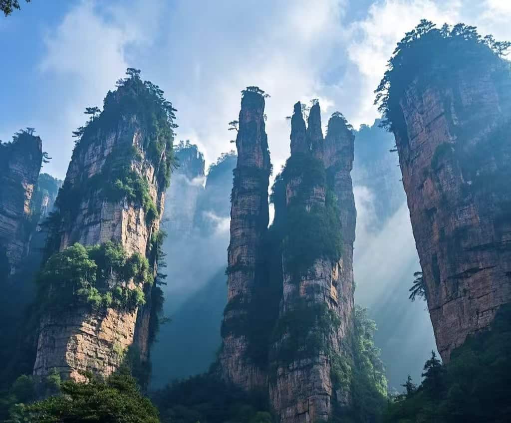 Towering stone peaks rising from the valley at Zhangjiajie National Forest Park in Hunan, China