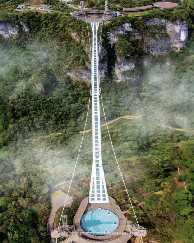 Aerial view of the thrilling glass walkway at Tianmen Mountain in Zhangjiajie, Hunan, China