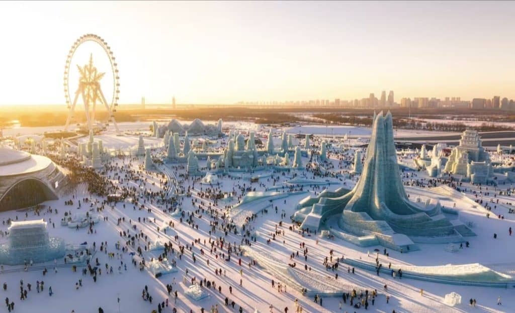 Aerial sunset view of Harbin Ice and Snow Festival in China