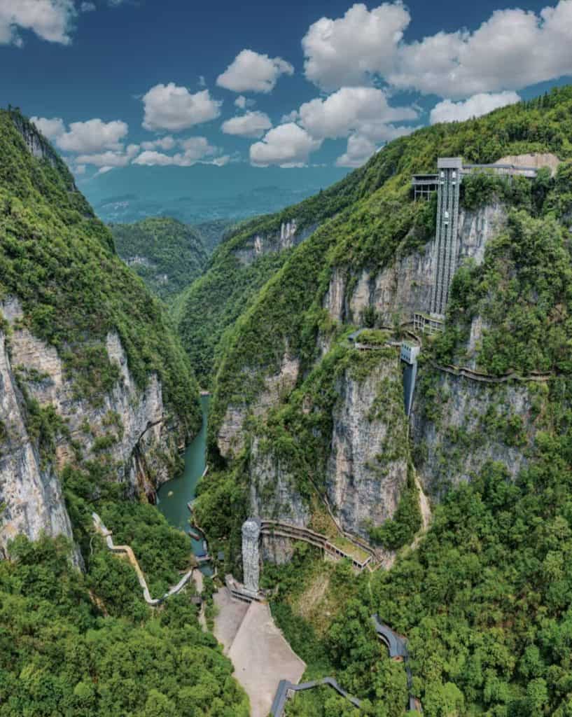 Bailong Elevator built among the mountain peaks at Zhangjiajie National Forest Park in Hunan, China