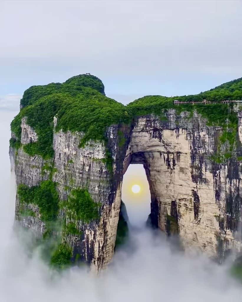Sunrise view from the Tianmen Cave at Tianmen Mountain in Hunan, China