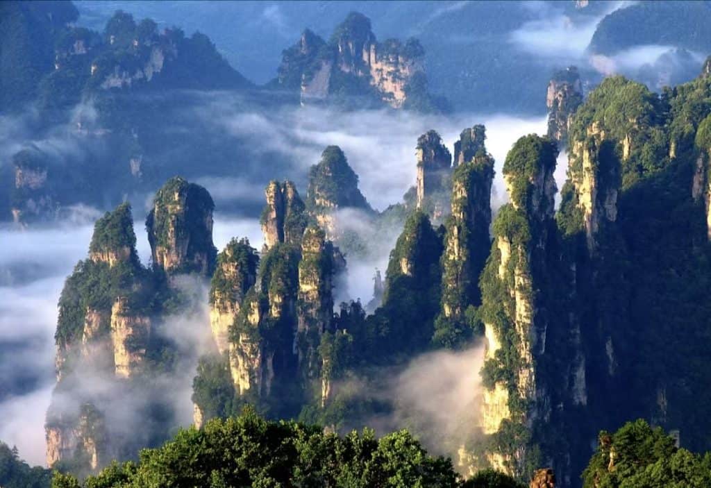 Morning sunlight over Tianzi Mountain at Zhangjiajie National Forest Park in Hunan, China