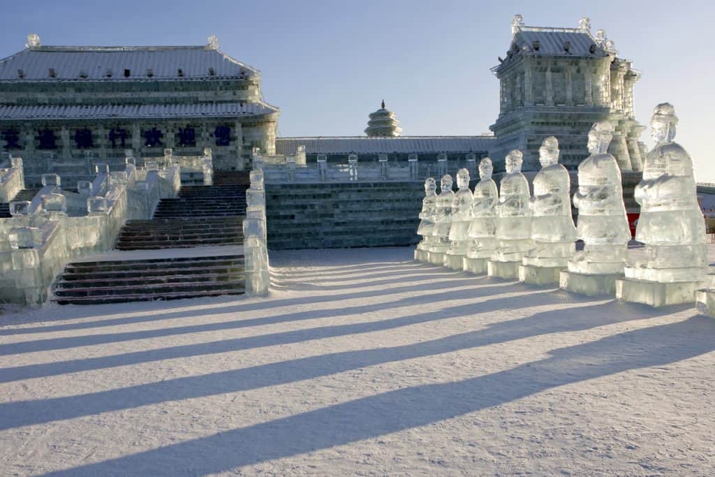 ce sculpture of ancient Chinese architecture at Harbin Ice and Snow Festival, China
