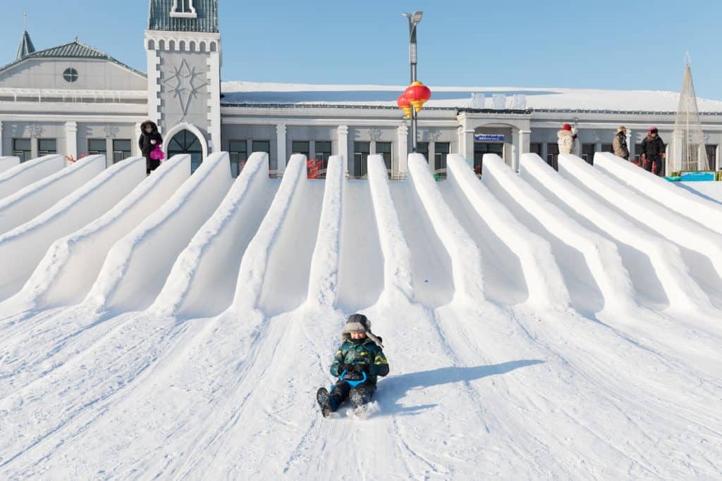Exciting snow slide at Harbin Ice and Snow Festival in China